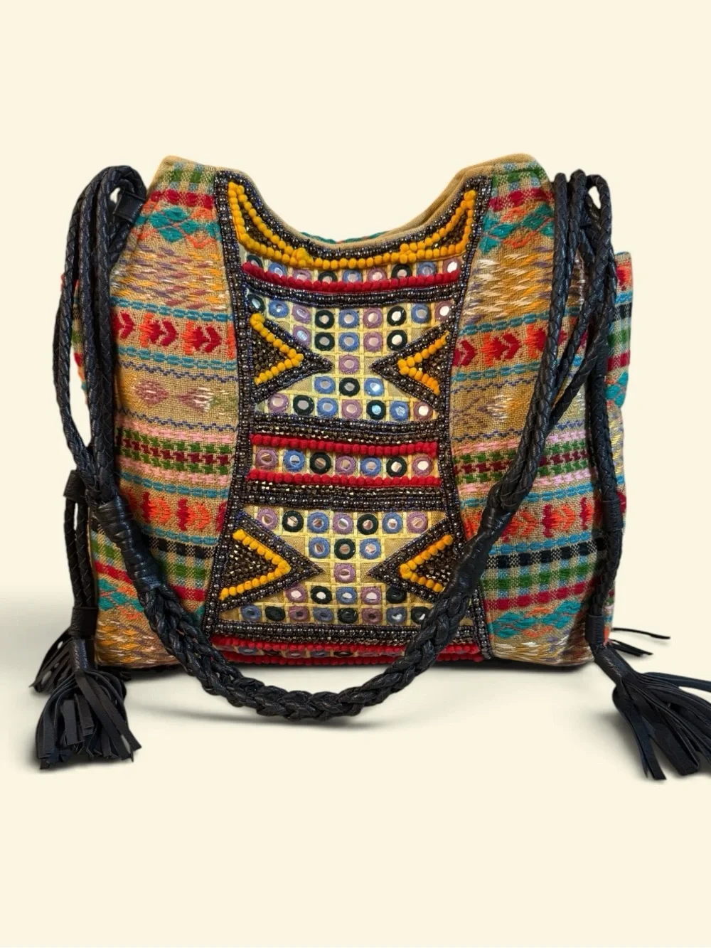 Big Buddha Multicolor Embroidered Shoulder Bag with Black Braided Strap